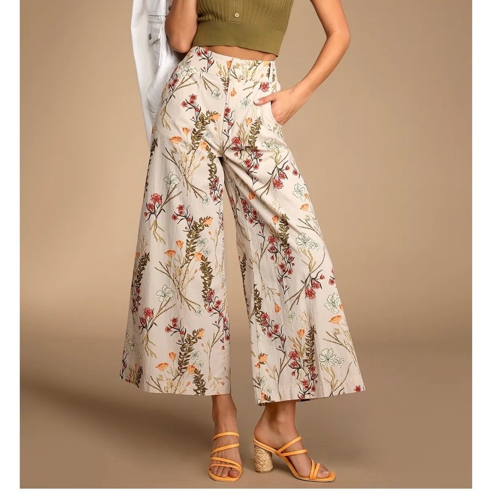 Free People Menorca Floral Wide-Leg Cropped Pants Size 4 Beige Boho Cottagecore